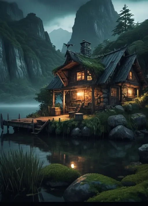 Prompt: weathered Warhammer fantasy RPG style small cabin on island, dark mood, eerie atmosphere, gloomy mood, rainy night, misty mountain backdrop, rustic wooden boat on the water, detailed stonework on cabin, lush greenery, ominous sky, high quality, RPG style, detailed cabin, misty mountain, tranquil, dark setting, rustic boat, atmospheric lighting, high resolution, realistic, natural tones, seen from distance