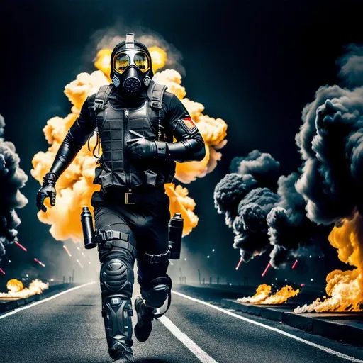 Prompt:  mordern male black color with gas mask black, running with guns, background tanks, Highly Detailed, Hyperrealistic, sharp focus, Professional, UHD, HDR, 8K, Render, electronic, dramatic, vivid, pressure, stress, nervous vibe, loud, tension, traumatic, dark, cataclysmic, violent, fighting, Epic.