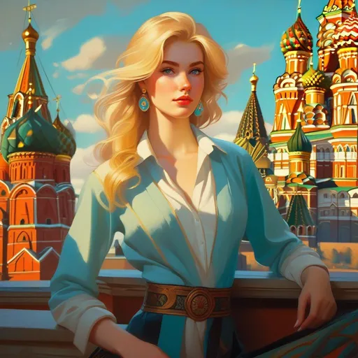 Prompt: Third person, gameplay, Russian girl, pale skin, blonde hair, freckles, teal eyes, 1980s, Moscow, golden atmosphere, cartoony style, extremely detailed painting by Greg Rutkowski and by Henry Justice Ford and by Steve Henderson 