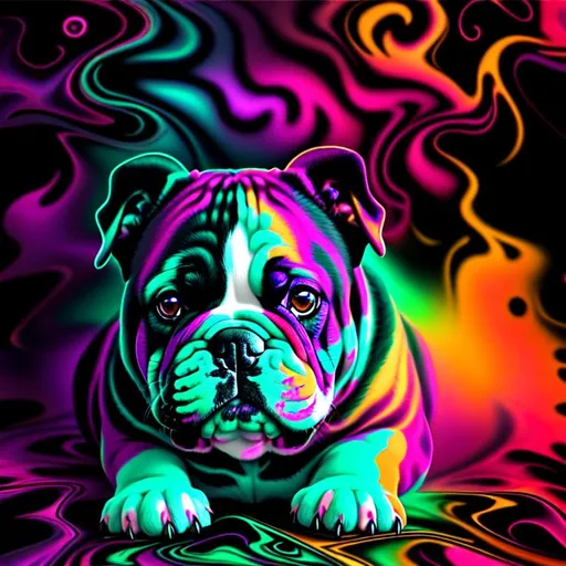 Prompt: beautiful freeform dark chaos vivid bold, 3D, HD, [{one}({liquid metal {one}{English Bulldog}puppy]::2, (clouds) with {purple gold pink green red silver blood}ink), expansive psychedelic background --s99500 