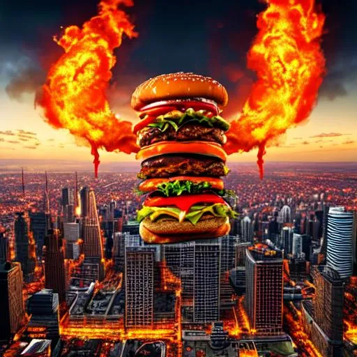 Prompt: Giant walking fire breathing cheeseburger destroys city, hyper realistic, photo realism, 4k