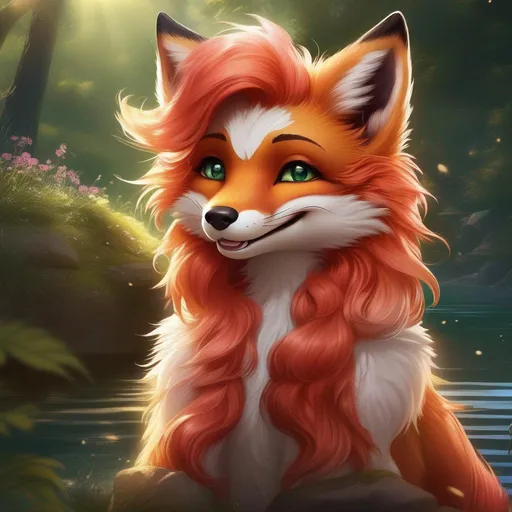 Prompt: Insanely beautiful female (fox) portrait, best quality, playful, cartoon art, bushy vivid red fur, lively, glistening creamy mane, beautiful charming foxy smile, open mouth, highly detailed smile, (fluffy rosy cheeks:2), adorable, clownish, jolly, anime, in a magical lakeside, enchanting {emerald eyes}, sunrise, beneath the stars, crystal lake, corona, glowing outline, mid shot, medium close-up, global illumination, golden ambient light, cell shading, simple expressive shading, waterfall, bioluminescent, highres, best quality, concept art, epic digital art, intricately detailed, cinematic, anime, comically huge enchanted green eyes, 8k eyes, highly detailed eyes, highly detailed, 64k, full body focus, sharp focus, vibrant, UHD, professional, intricately detailed background, sparkling magical rain, falling petals, vibrant, bright colors, high quality colored pencil