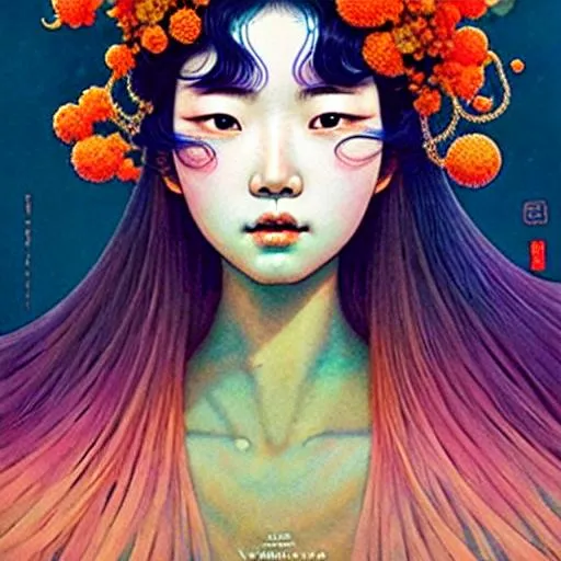 Prompt: beautiful cute front portrait Korean ninfa, big long curly hair, herbs pastel colors, flowers orange by victo ngai, kilian eng, dynamic lighting, digital art, art by james jean, takato yamamoto, inkpunk minimalism