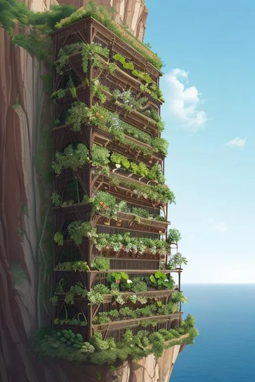 Prompt: Intricate vertical complex vegetable garden expanding through a cliff, sunshine