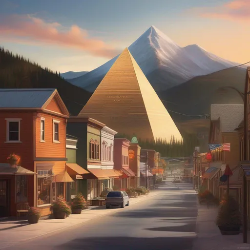 Prompt: a fine art digital illustration of a Pyramid sitting in the middle of a small North American mountain town.