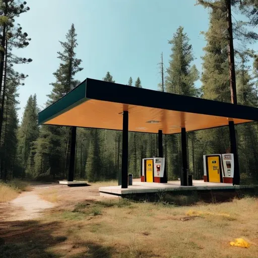Prompt: an abandoned gas station converted into a permanent shelter, a post-apocalypse aesthetics, forest background,