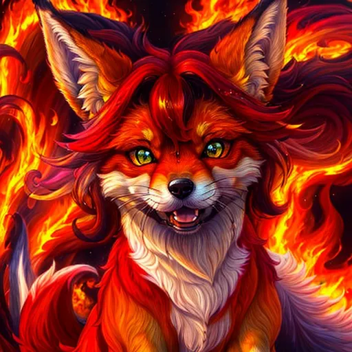 Prompt: (8k, UHD, highly detailed, hyper detailed, masterpiece, detailed oil painting) portrait of [fire elemental] ((fox)), (canine quadruped), adolescent female, detailed silky (crimson-red fur), {gleaming yellow-green eyes}, 8k eyes, youthful, lively, lithe, bounding, {black fur highlights}, sharp focus, cinematic, dynamic view, worm eye view, in a magical cave filled with highly detailed craggy rocks, covered with sparkling gems, air filled with hollowed gold glow, vivid colors, brilliant colors, long silky hair on crest, plump, (rows of pink blossoming sakura trees), highly detailed ruins, umber red mane, wispy brown ears, wispy ruby-red mane, flowers on fur, snow-capped trees, snow on fur, forest, silky bushy tail, billowing mane, professional, unreal engine, dynamic, intricate detail, intricately detailed fur, highly detailed face, best quality, highly detailed mouth, 4k, 16k, 64k, HDR, unreal 5, artstation, deviant art, instagram, trending, perfect composition, symmetric, golden ratio