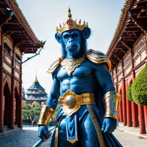 Prompt: a monkey king having super powers, very strong, hyper detailed,4k,huge,background of a big huge castle, a shiny anime blue sward in hand
