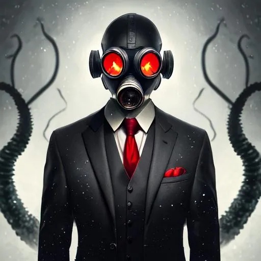 Prompt: HDR, professional, 64k, best version, masterpiece, 150mm, bokeh, A man wearing a gas mask helmet with glowing red eyes and a 3 piece suit with a red tie, black shadows of tenticles float in the background, full-body portrait, eldrich, ethereal, lovecraftian, Horror by Andy Fairhurst