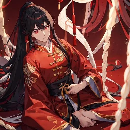 Prompt: man dressed in traditional chinese dress with his long hair gathered in a ponytail and two strands of free hair on the sides with glowing red eyes while sitting in a place with his clothes and hair being swept away by the wind