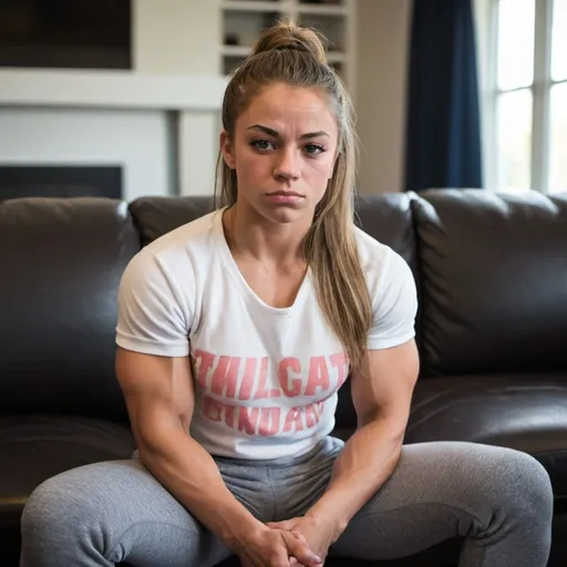 Prompt: tough, masculine, arrogant teen female bodybuilder sitting in living room, wearing shirt and sweat pants