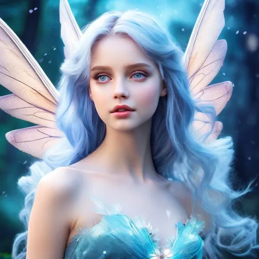 Prompt: 4k professional modeling photo live action human woman hd hyper realistic beautiful magical fairy blonde hair fair skin blue eyes beautiful face blue dress blue sparkling fairy wings and wand enchanting mystical forest landscape hd background with live action magic full body