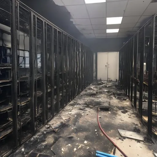 Prompt: Fire burning whole server room damaged charred destroyed