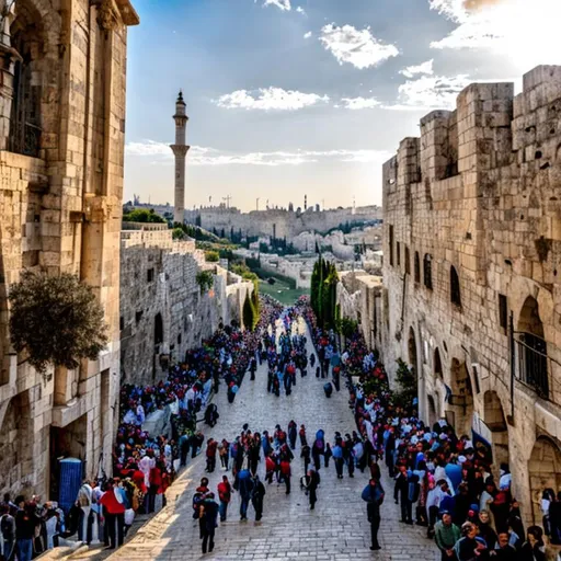 Prompt: Imagine a scene set in the bustling streets of Jerusalem during the time of Jesus' ministry. The atmosphere is filled with an air of anticipation as Jesus stands at a prominent spot, ready to announce the gospel.
