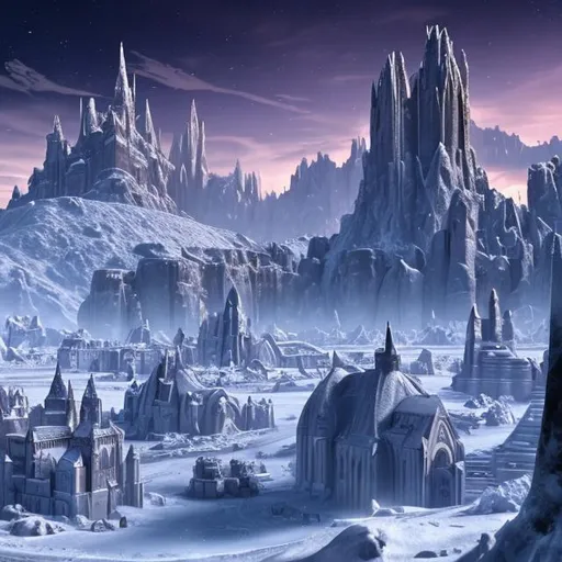 Prompt: hoth, frozen planet, mountains, lava rivers, gothic cathedral, castle, fortress, spires, night