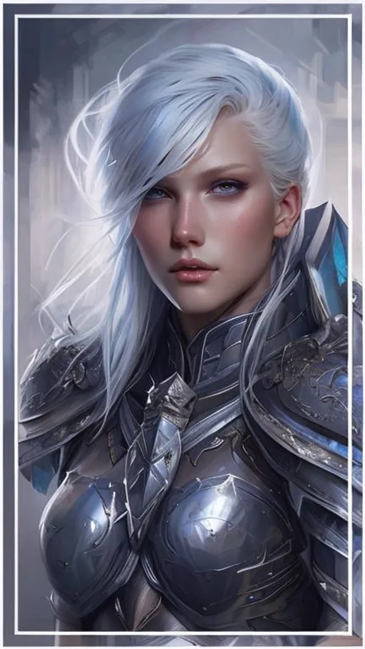 Prompt: Beautiful strong female knight, smooth soft skin, beautiful sharp ice blue eyes, very long platinum blonde beautiful hair, symmetrical, soft lighting, detailed face, stanley artgerm lau, wlop, rossdraws, digital painting, looking into camera