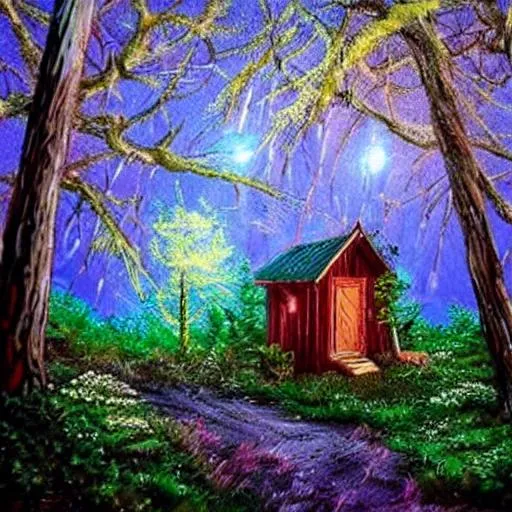 Prompt: magical woods with cabin painting




