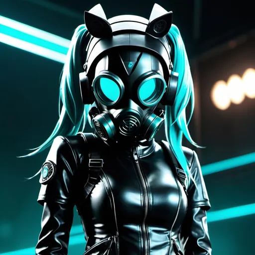 Prompt: (Miku hatsune), striking pose, fierce expression, (black leather outfit), unique mind control helmet, artistic mind control gas mask, dramatic lighting highlights contours, high contrast, deeply atmospheric, moody background, hints of dystopian elements, ultra-detailed, 4K cinematic quality.