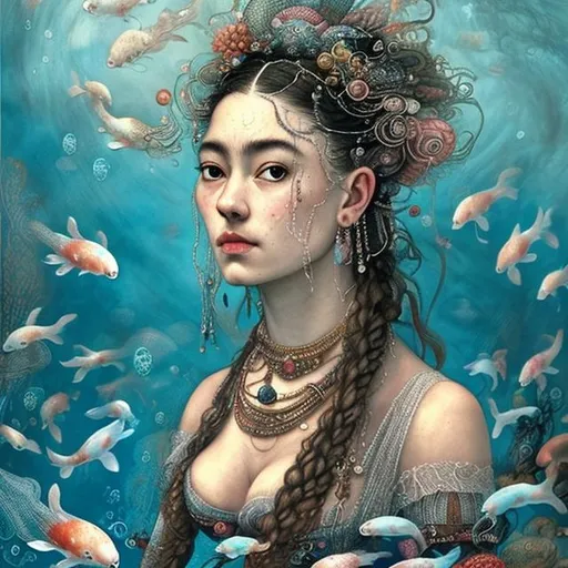 Prompt: woman in 16th century dress underwater tea party.  hair, elaborate hair, fabric, lace, bubbles. jewels, queen.  deep water. (surrounded by Koi karpers) majestic woman, (frieda kahlo art style), high detailed, 4k oil painting, queen, dress, 