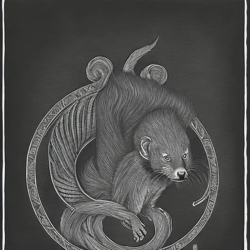 Prompt: Japanese Mon of the silhouette of a Mongoose, On a black Sash, Dark Green, Legend of the Five Rings, Asian Aesthetic, L5R, charcoal drawing, digital illustration, ink drawing