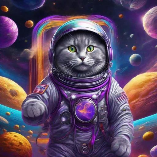 Prompt: Psychedelic concept art of a gray cat in a space suit with "Ricky" Written on the name tag. Floating through empty space chasing butter. Exquisite Detail Everything is perfectly to scale, HD, UHD, 8k Resolution, Vibrant Colorful Award winning Image with a purple color scheme