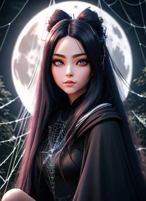 Prompt: Beautiful half-girl, half-spider creature with long hair sitting on a web in a dark forest. She holds a small spider and wears a cloak made of spiderwebs. Use a dark color palette and add a full moon in the background, Artgerm, CryEngine, Octane Render, 8k, symmetrical face, accurate anatomy ultra detailed face, very soft colors,((Masterpiece)),Radiant Expressive Gazes