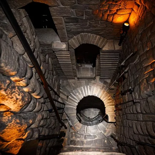 Prompt: Top of a Stone stairwell in a dungeon, looking down