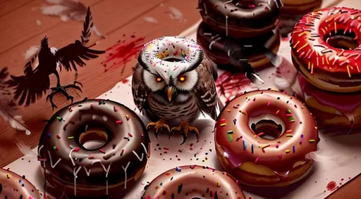 Prompt: (Masterpiece1.2)(tons of blood)(hundreds of black feathers)Blood and feathers all over donuts on a table, (lots of black feathers, lots of blood),an unnatural owl was shot and exploded all over a spread of donuts, (scattered feathers all ovsr the donuts)(gallons of blood)twin peaks, spooky eerie haunting ominous strange old evil Waldo myna twin peaks david lynchian style