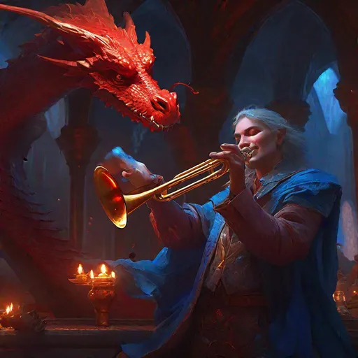 Prompt: DnD bard playing the trumpet and casting a blue beam of magic at a red dragon, a masterpiece, 8k resolution, dark fantasy concept art, by Greg Rutkowski, dynamic lighting, hyperdetailed, intricately detailed, trending on Artstation, deep color, volumetric lighting, Alphonse Mucha, Jordan Grimmer, complementary colours,