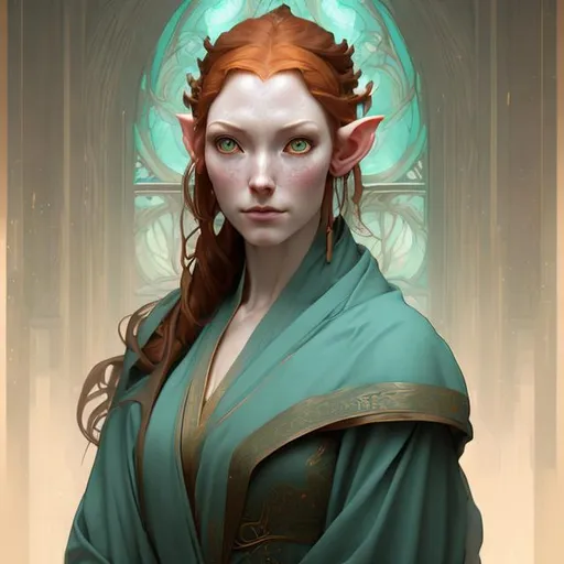 Prompt: beautiful digital painting portrait of an elven monk woman with ginger hair and hazel eyes in grey and teal robes in the style of baldur's gate portrait art and art by greg rutkowski, ayami kojima and alphonse mucha
