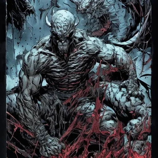 Prompt: Todd McFarlane. The Phantom and dragon variant. muscular. dark gritty with some colour. Bloody. Hurt. Damaged. Accurate. realistic. evil eyes. Slow exposure. Detailed. Dirty. Dark and gritty. Post-apocalyptic. Shadows. Sinister. Intense. 