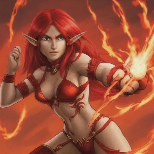 Prompt: A half-elf, red half-dragon female barbarian with a flame whip showing face