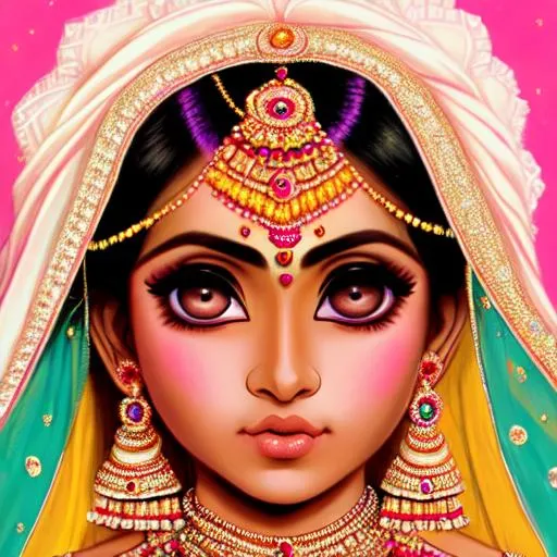 Prompt: Indian bride, large eyes, beautiful, closeup of tthe face, pastel background
