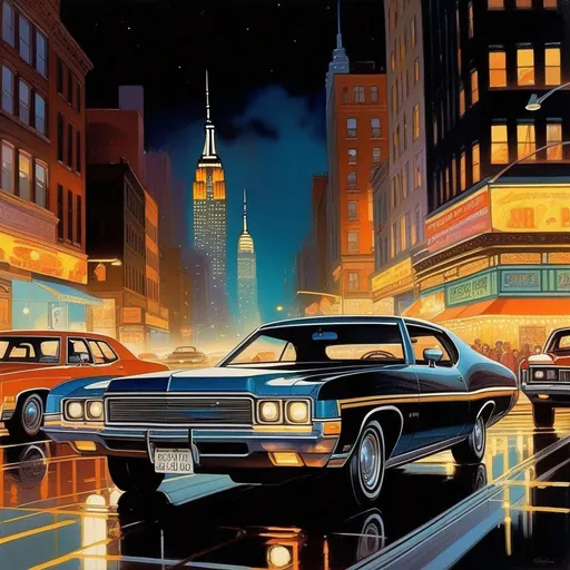 Prompt: 1970s, New York City at night, car chase, warm atmosphere, cartoony style, extremely detailed painting by Greg Rutkowski and by Henry Justice Ford and by Steve Henderson