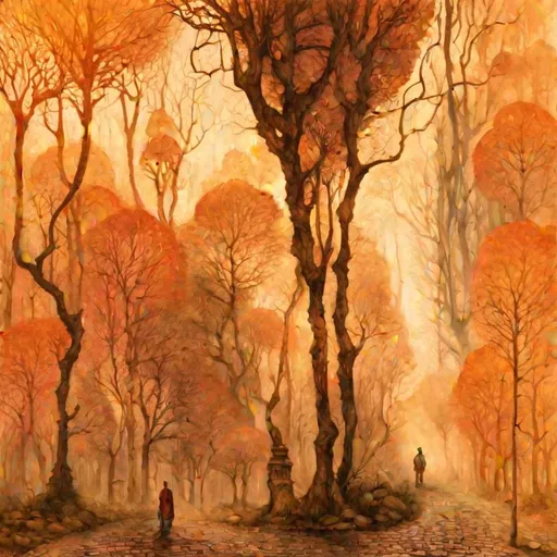 Prompt: Create a Fantasy forest with a cobblestone street, storefront, in New York City,  Egon Schiele and Zdzisław Beksiński style illustration,
 A person standing under a tree centered, watercolor, wet on wet, morning sunlight, shimmering, a futuristic steampunk city in the background, style of Daniel Merriam, and Josephine Wall, realistic image, detailed