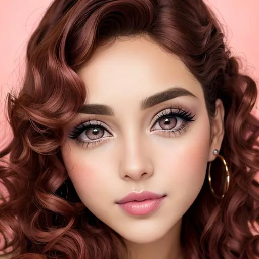 Prompt: woman with big  eyes and carmine lips, curly hair,,  pink cheeks