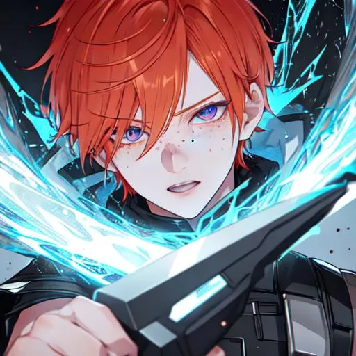 Prompt: Erikku male adult (short ginger hair, freckles, right eye blue left eye purple) UHD, 8K, Highly detailed, insane detail, best quality, high quality, using a chainsaw