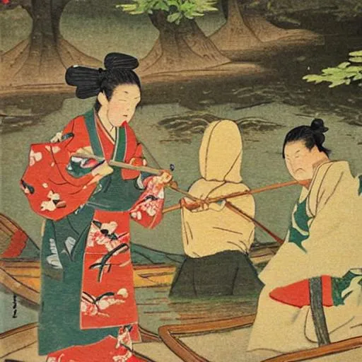 Prompt: old japan people fishing oil painting