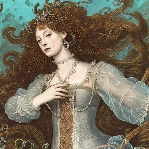 Prompt: woman in 16th century dress underwater lounging.  hair, elaborate hair, fabric, lace, bubbles. French hood, jewels, queen.