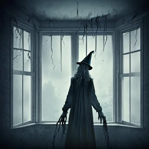 Prompt: scary horror old witch standing in the window pov from outside



