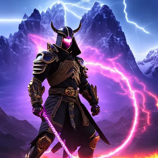 Prompt: sci-fi armoured ninja
 god in an electric aura yeilding a purple flaming sword in front of a snowy mountain with thunder fighting a dark spirit dragon