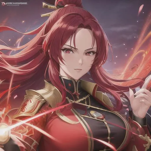 Prompt: Red-haired beautiful samurai with a katana emanating a red aura, fantasy, highly detailed red sparkling glowing eyes, intricate, wearing martial artist related clothing, highly-detailed, large landscape, mechanics, dramatic lighting, gorgeous face, lifelike, stunning, anime woman face, long luxurious  red hair, digital painting, large, artstation, illustration, concept art, smooth, sharp focus, highly detailed painting, looking at viewer, portrait, photography, detailed skin, realistic, photo-realistic, 8k, highly detailed, full length frame, High detail, full body art