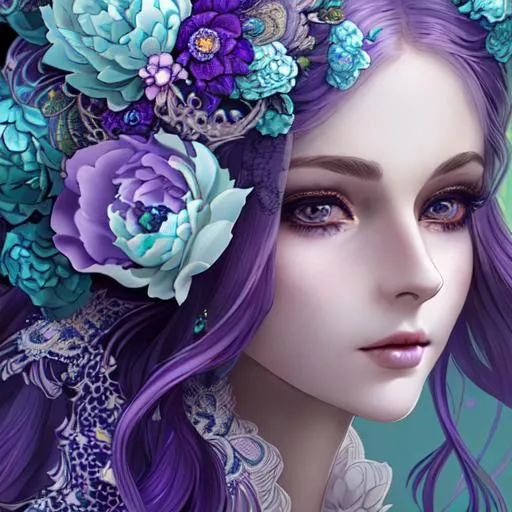 Prompt: dynamic composition of a pale skinned woman with hair of flowers and peacock plummage  of aqua and purple, ornate details,lacey clothes, facial closeup
