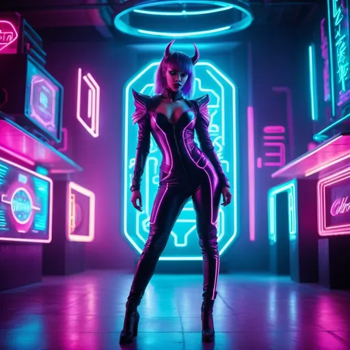 Prompt: a beautiful female demon in a dynamic pose in a retro futuristic synthwave cyberpunk neon paradise.  neon lighting, synthwave, cyber, retro, futuristic