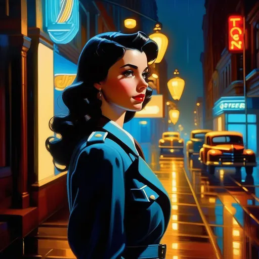 Prompt: Third person, gameplay, Italian-American girl, pale olive skin, black hair, brown eyes, 1940s, Chicago, neon, rain, blue atmosphere, cartoony style, extremely detailed painting by Greg Rutkowski and by Henry Justice Ford and by Steve Henderson 

