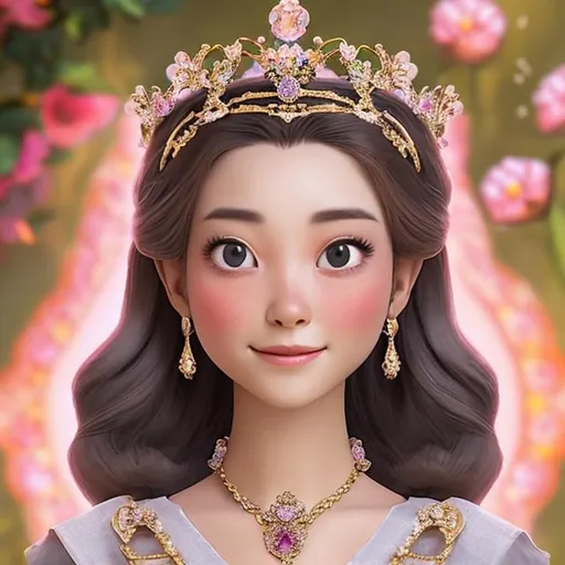 Prompt: A lady who is kind and likes flowers. She is a queen and has an authoritative look in her eye but a polite smile, she is wearing a flower tiara