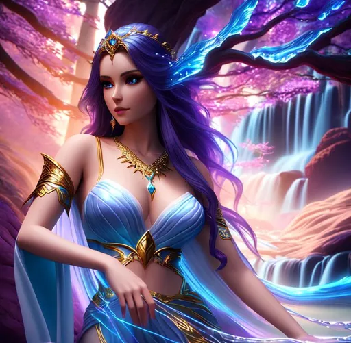 Prompt: 3D HD dramatic cinematic lighting [({one}{Goddess}Sorceress) wearing  liquid Ivory silk], expansive magical waterfall liquid tree sparkles background, hyper realistic, 8K --s98500