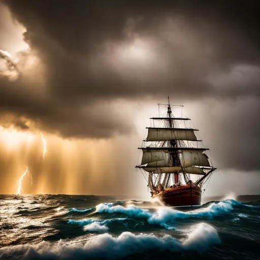 Prompt: Cape Horn in extremely stormy weather, with one 18th century merchant ship, , lightning, icebergs, sparkling sunlight, photorealistic lifelike waves, super detailed