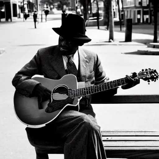 Prompt: BLACK MAN PLAYING BLUES GUITAR IN SUIT AND TIE WITH STRAW HAT SITTING ON BENCH ON BEALE STREET IN THE 1930S WITH A GRITTY VINTAGE FEEL