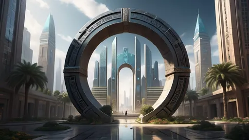 Prompt: magical portal between cities realms worlds kingdoms, circular portal, ring standing on edge, upright ring, freestanding ring, hieroglyphs on ring, complete ring, ancient babylonian architecture, gardens, hotels, office buildings, shopping malls, large wide-open city plaza, two-point perspective, futuristic cyberpunk tech-noir setting